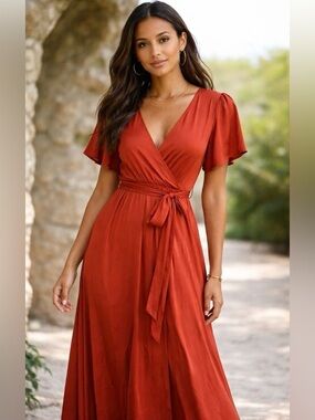 Baltic Born Rust Orange Satin Maxi Wrap Dress Flutter Sleeve Tie Waist Large